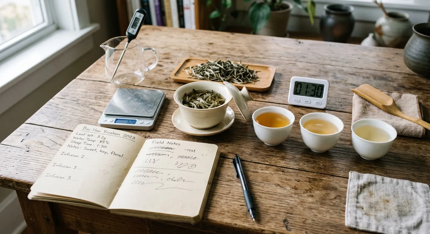 A white tea tasting note with leaf weight, water temperature, steep time, and infusion count beside brewed cups