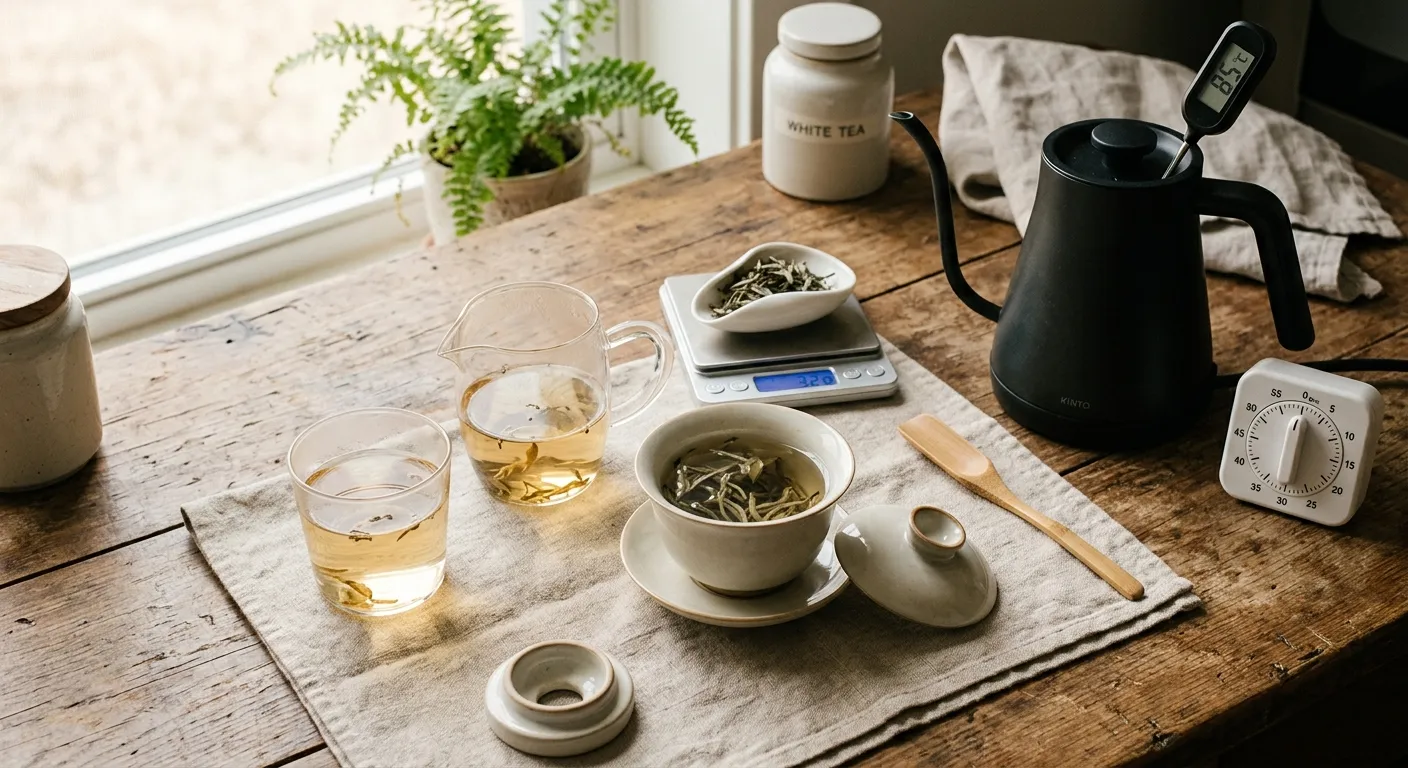 White tea leaves, a small gaiwan, and an eight-ounce cup arranged to show why caffeine depends on serving size and brewing choices