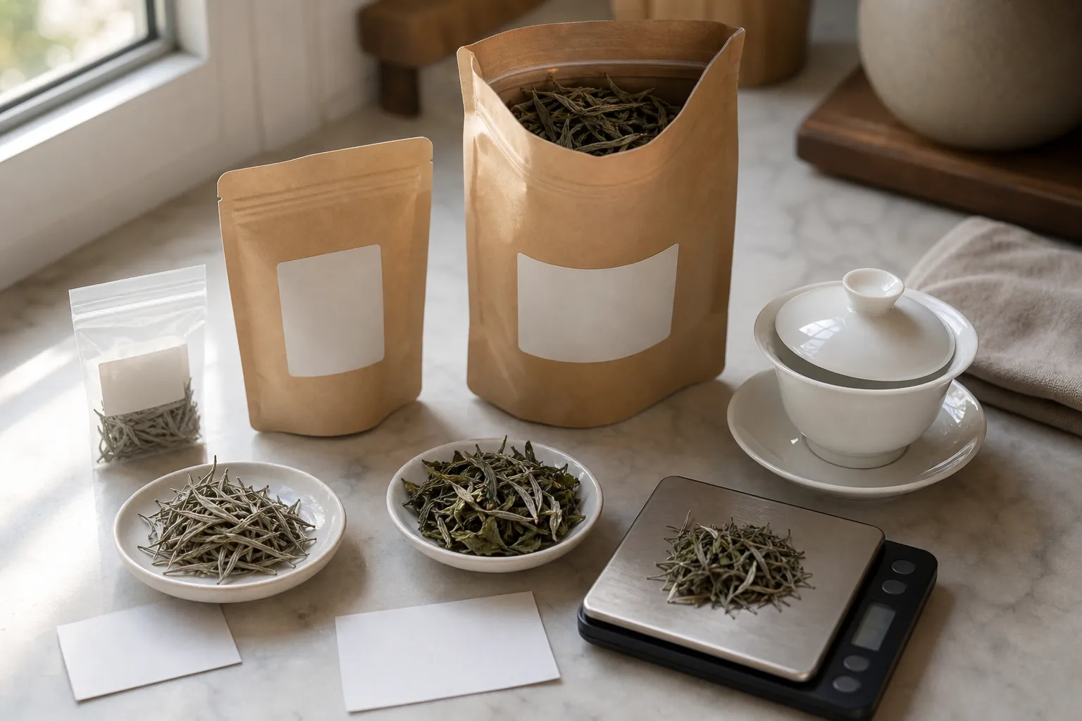 White tea samples, a small pouch, and a larger pouch arranged with a scale for comparing buying amounts