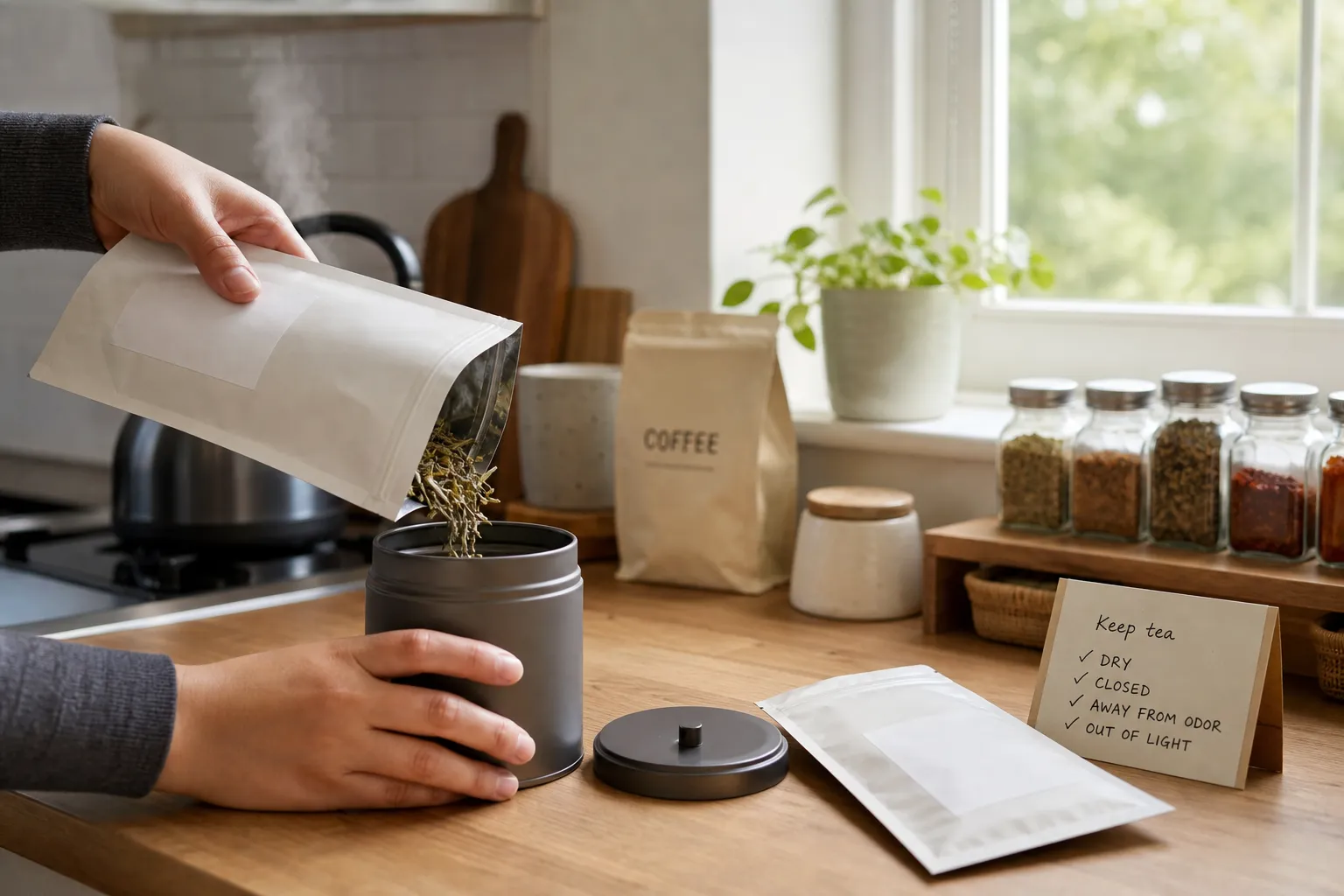 Opened white tea pouches near an opaque tin, away from coffee, spices, sunlight, and kitchen steam