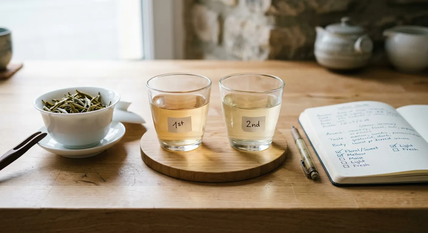 Two white tea infusions compared for liquor color, aroma, taste, texture, and finish during a first tasting