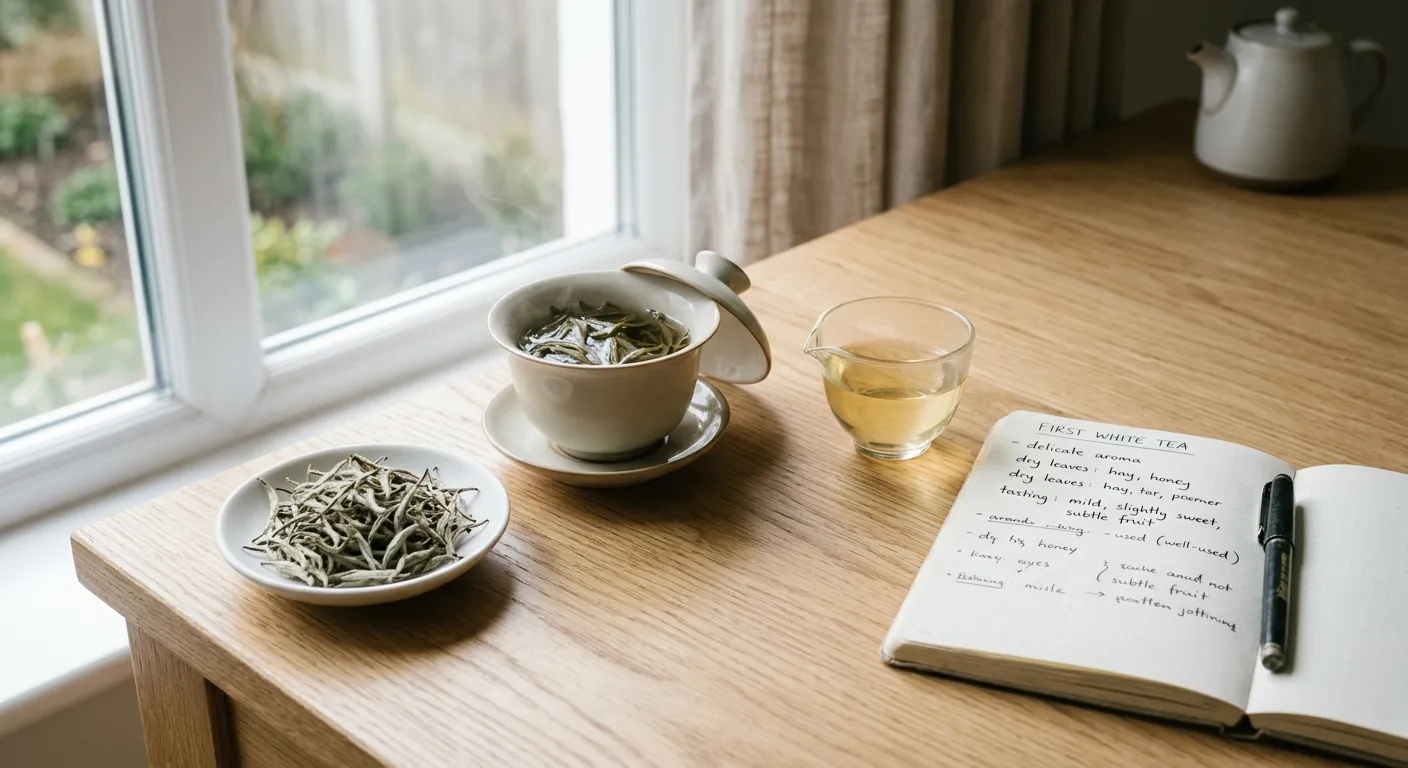 A simple first white tea tasting setup with dry leaves, a clear cup, and notes for observing aroma, liquor color, texture, and finish