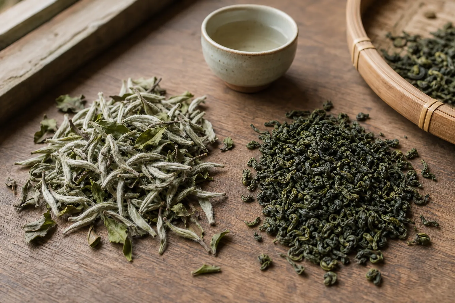 White tea leaves and shaped green tea leaves compared to show different processing paths