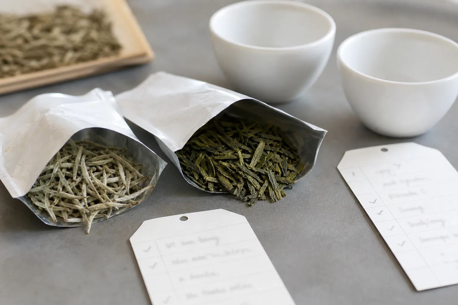 Tea samples with visible leaf shape and simple label details for comparing processing claims