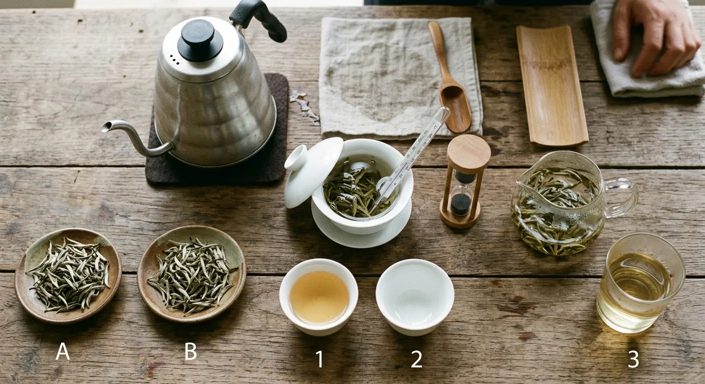 Different white tea brewing setups with dry leaf dose, vessel size, and steeping style affecting cup strength