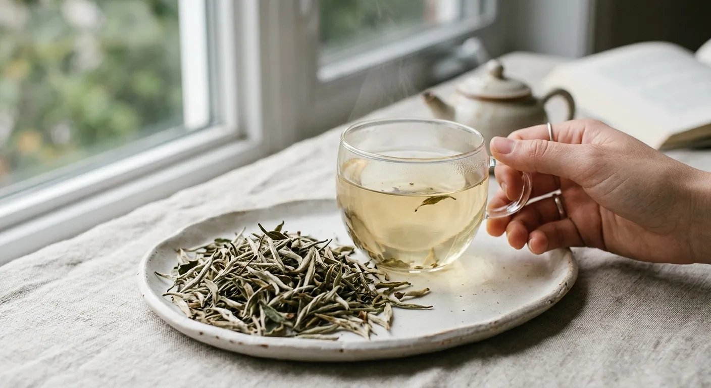 Pale white tea liquor beside dry white tea leaves, showing that light color does not prove low caffeine