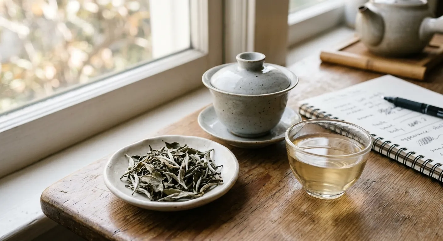 Dry white tea leaves and pale infusion used to compare visible leaf cues with aroma and cup behavior