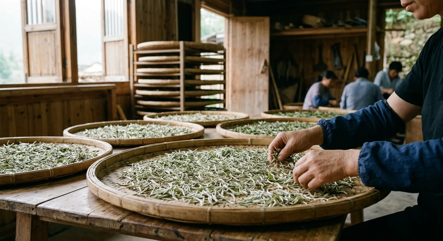White tea leaves spread for withering and drying as a practical sign of restrained processing