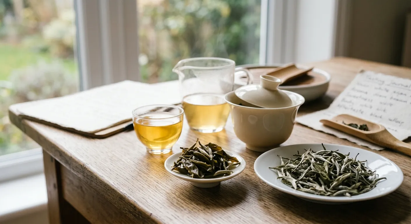 White tea leaves and pale liquor set up for judging sweetness, bitterness, aroma, and balance