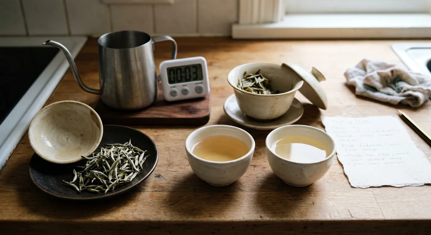 A white tea brewing reset with leaves, vessel, and cup used to compare a gentler infusion