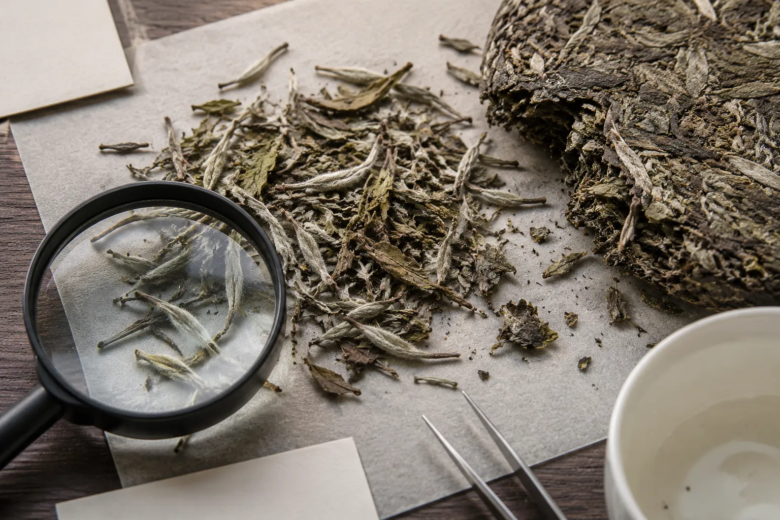 Close inspection of loose white tea leaves and a broken section of compressed white tea cake