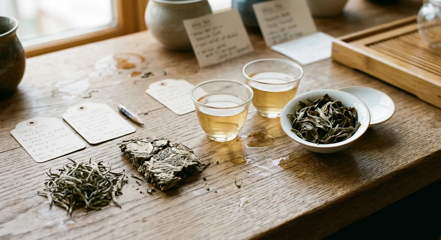 White tea samples with wet leaves, infusion cups, and loose and compressed forms being compared during brewing