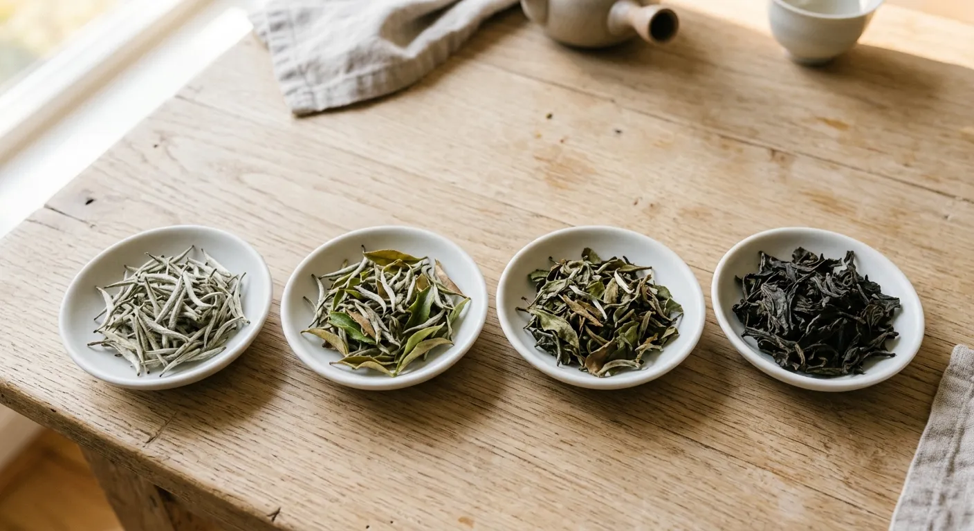 Four white tea samples showing Silver Needle buds, White Peony bud and leaf sets, Gongmei leaves, and Shoumei larger leaves