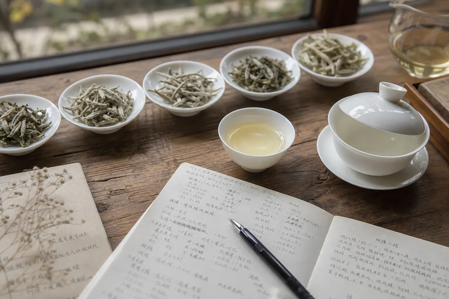 White tea samples beside a tasting cup and handwritten observation notes, showing careful comparison rather than medical or market certainty