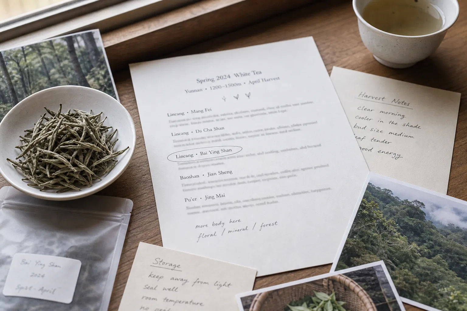 White tea listing materials showing a village name checked beside grade, harvest, photos, and storage notes