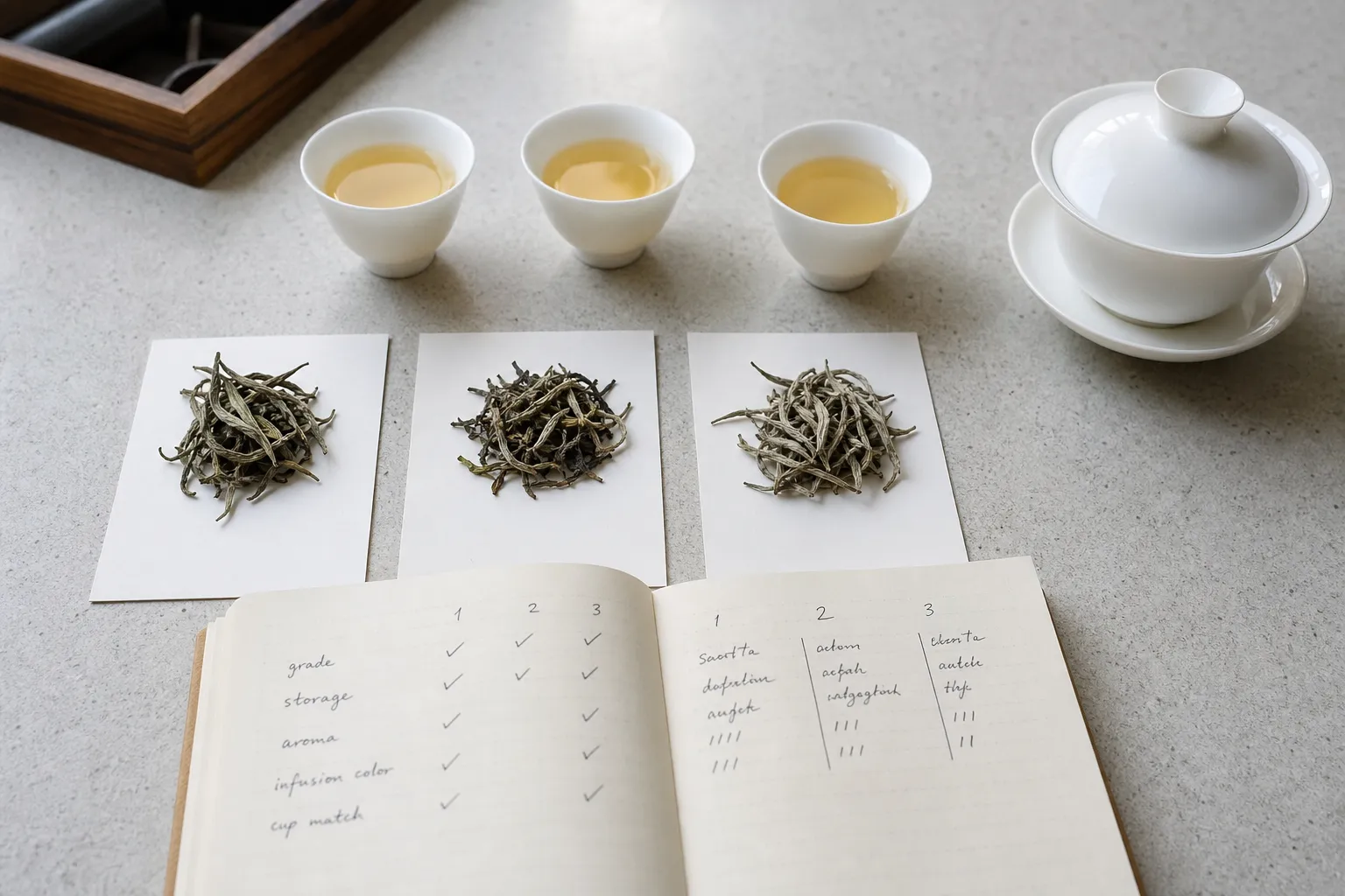 White tea samples compared with notes on grade, storage, aroma, infusion color, and whether the cup matched the listing