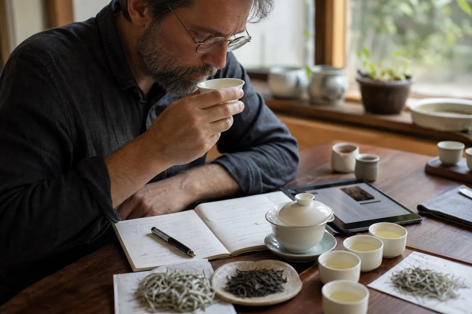 Reader comparing white tea notes beside a gaiwan and small tea samples while looking up support information