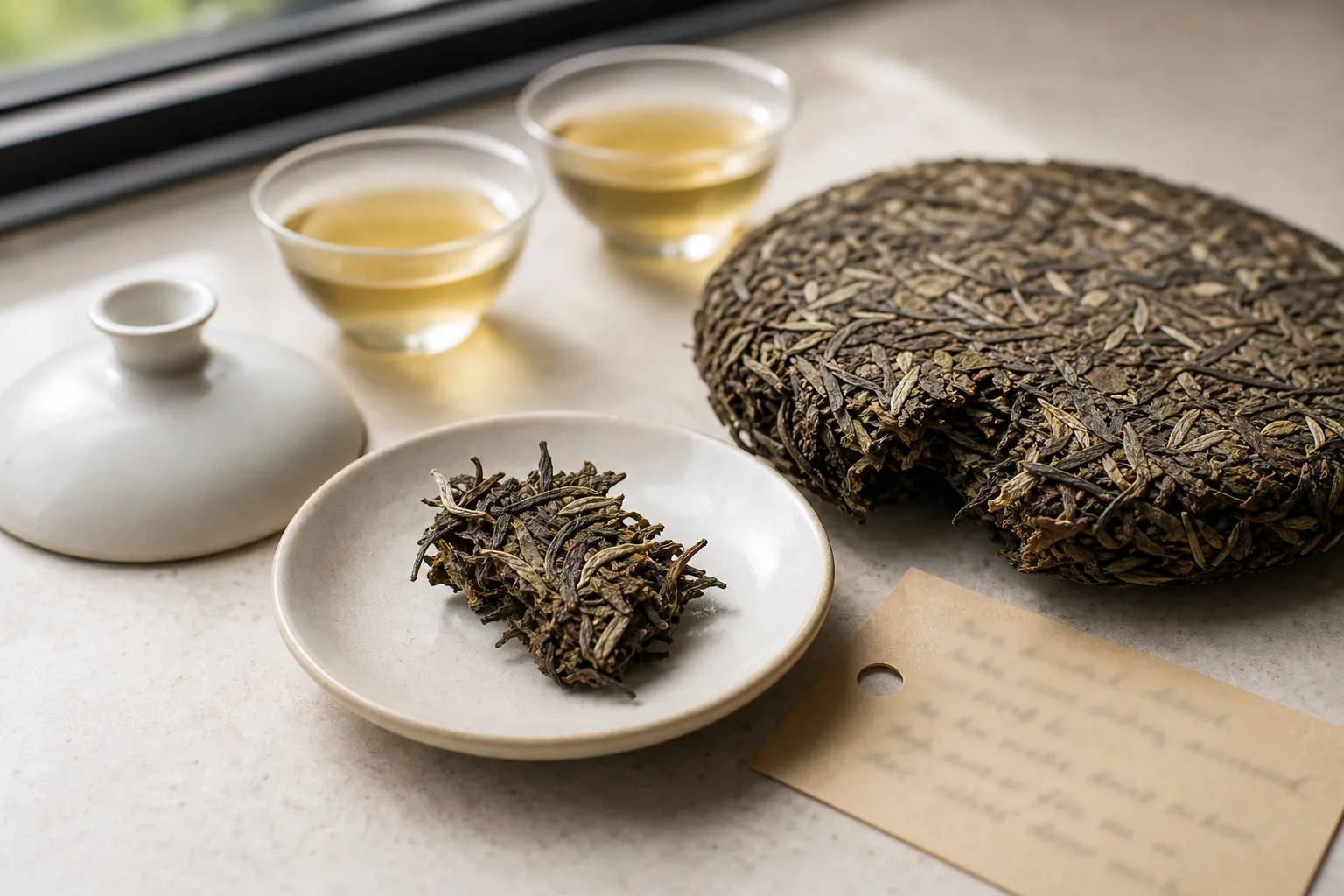 Aged white tea sample beside a cake fragment, dry leaves, and tasting cups for a buying check