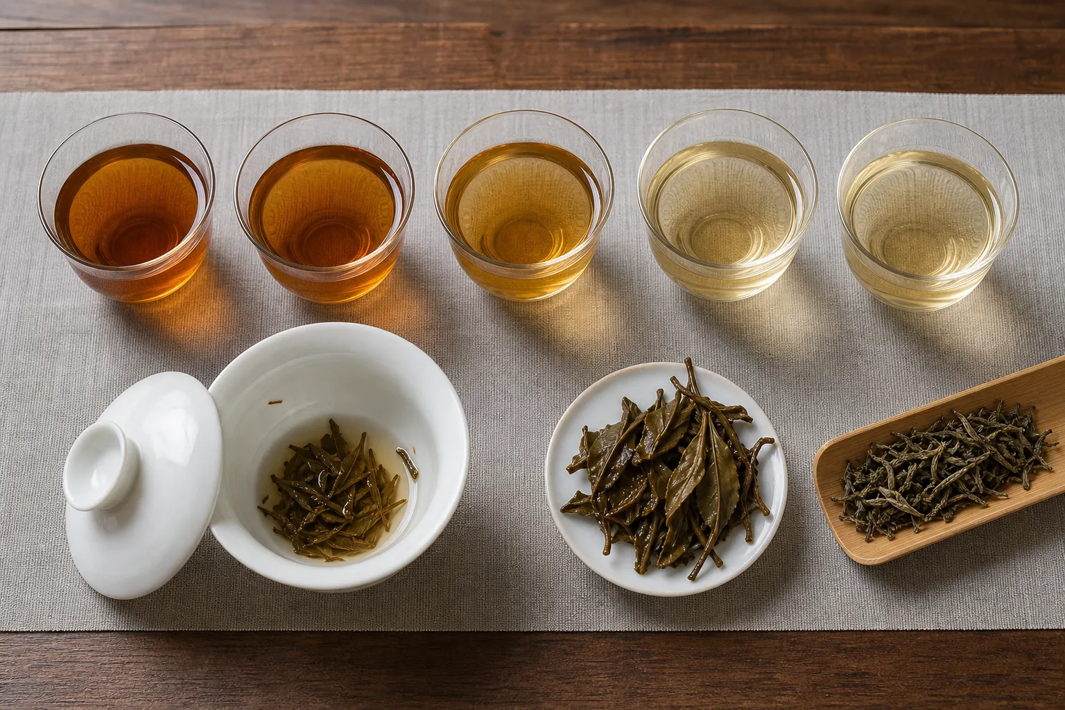 Several infusions of aged white tea sample arranged to compare liquor clarity, body, and fading