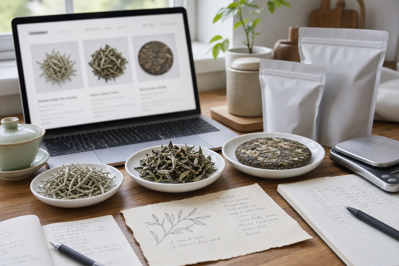 White tea samples beside seller notes for origin, harvest, leaf material, storage, and price