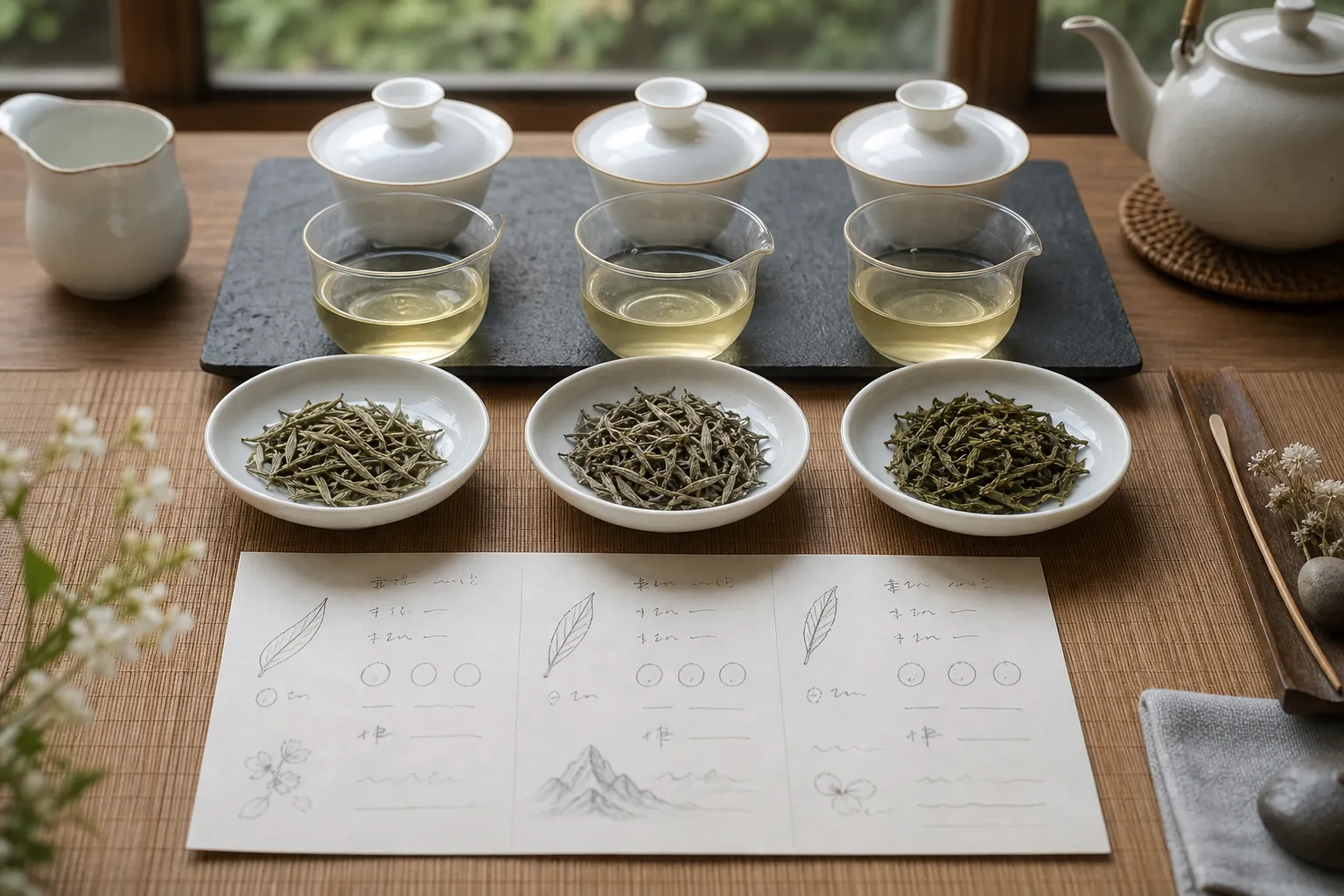 Small white tea samples arranged for comparing aroma, liquor color, leaf material, and price context