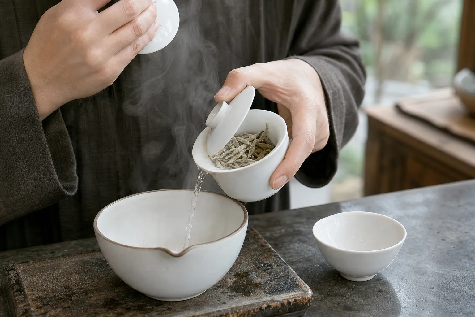 A brief gongfu rinse being poured from a gaiwan before checking the wet white tea leaf aroma