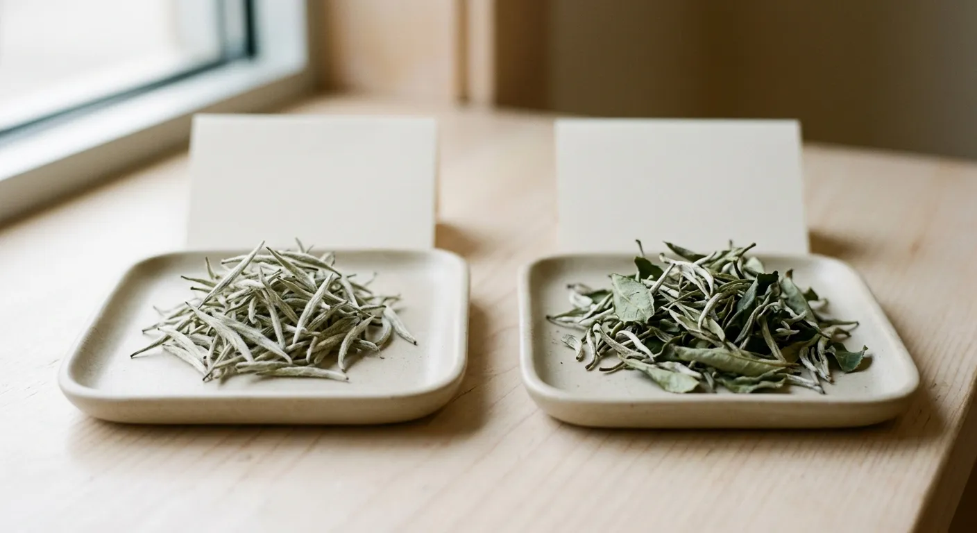 Silver Needle buds beside White Peony bud-and-leaf tea for a caffeine comparison