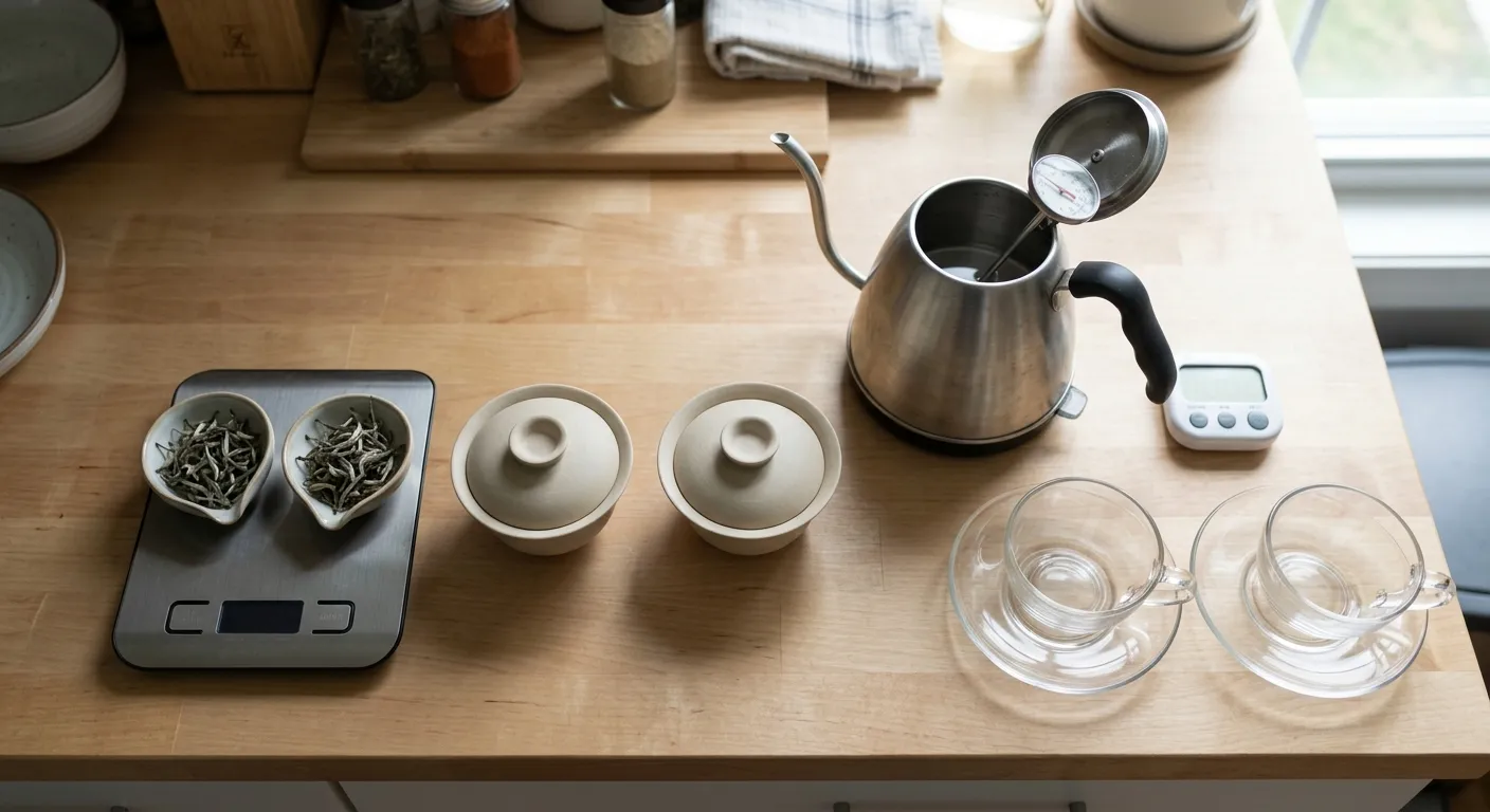 Two white tea samples weighed for the same brewing setup