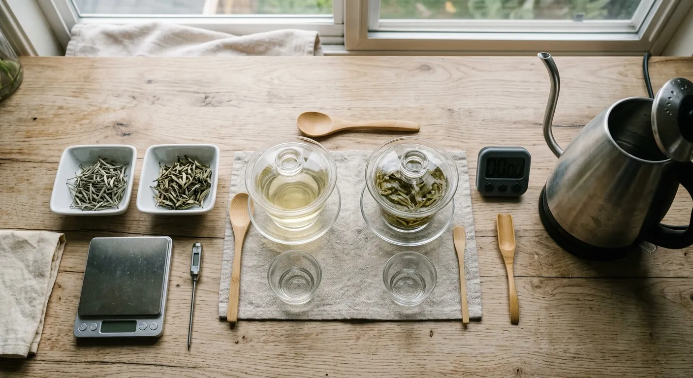 Matched white tea brewing setup with equal vessels used to compare Silver Needle and White Peony under the same conditions