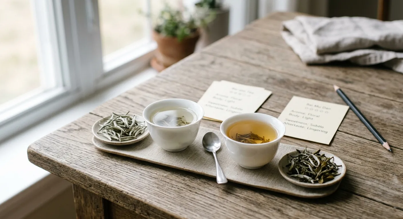 Side-by-side Silver Needle and White Peony tasting cups with dry tea samples for comparing body, aroma, sweetness, and aftertaste