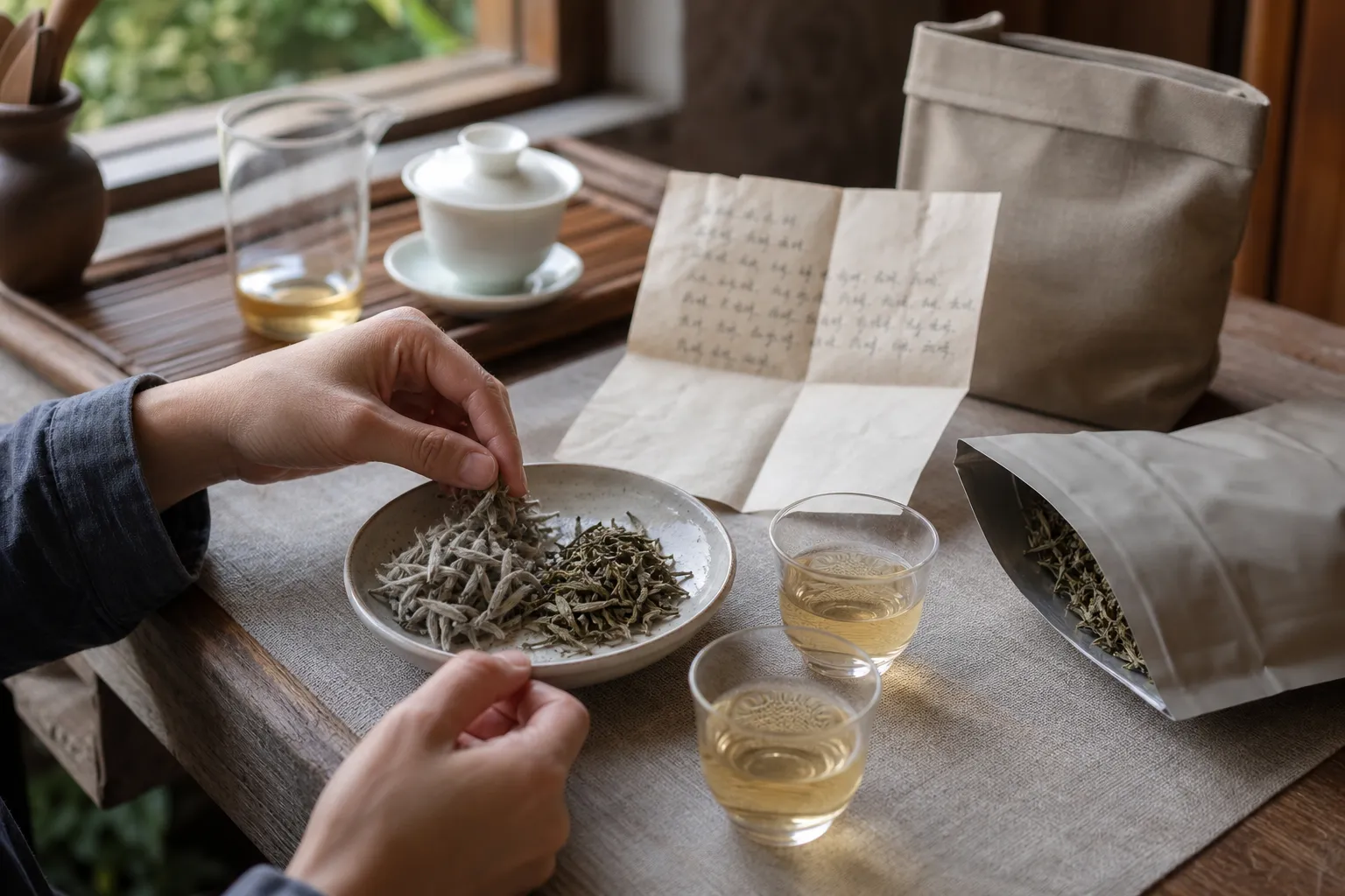 White tea leaves, a seller note, and brewed cups arranged for comparison before judging a claim