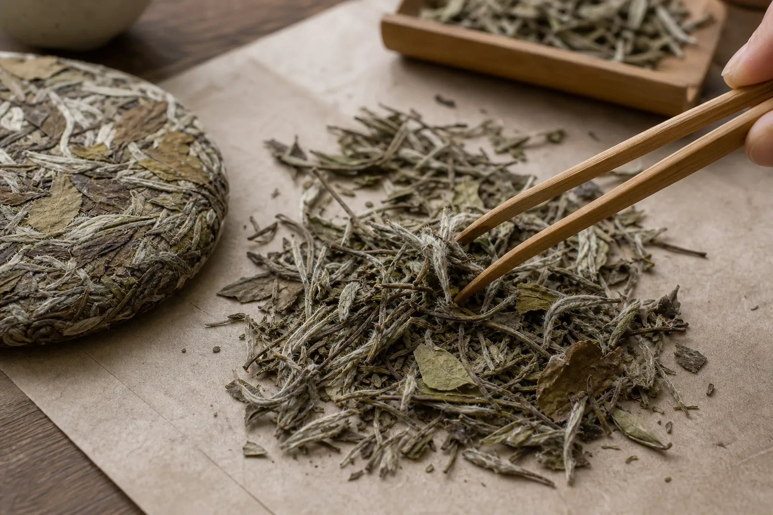 Loose white tea material and compressed cake pieces inspected for buds, leaves, stems, breakage, and storage clues