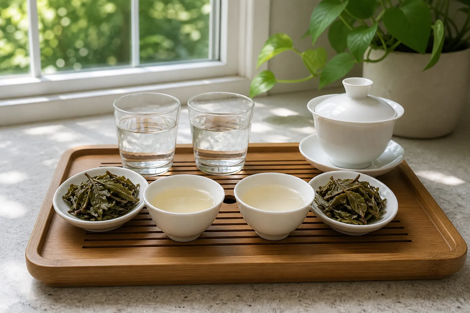 Two white tea cups brewed from the same leaves with different waters for a controlled taste comparison