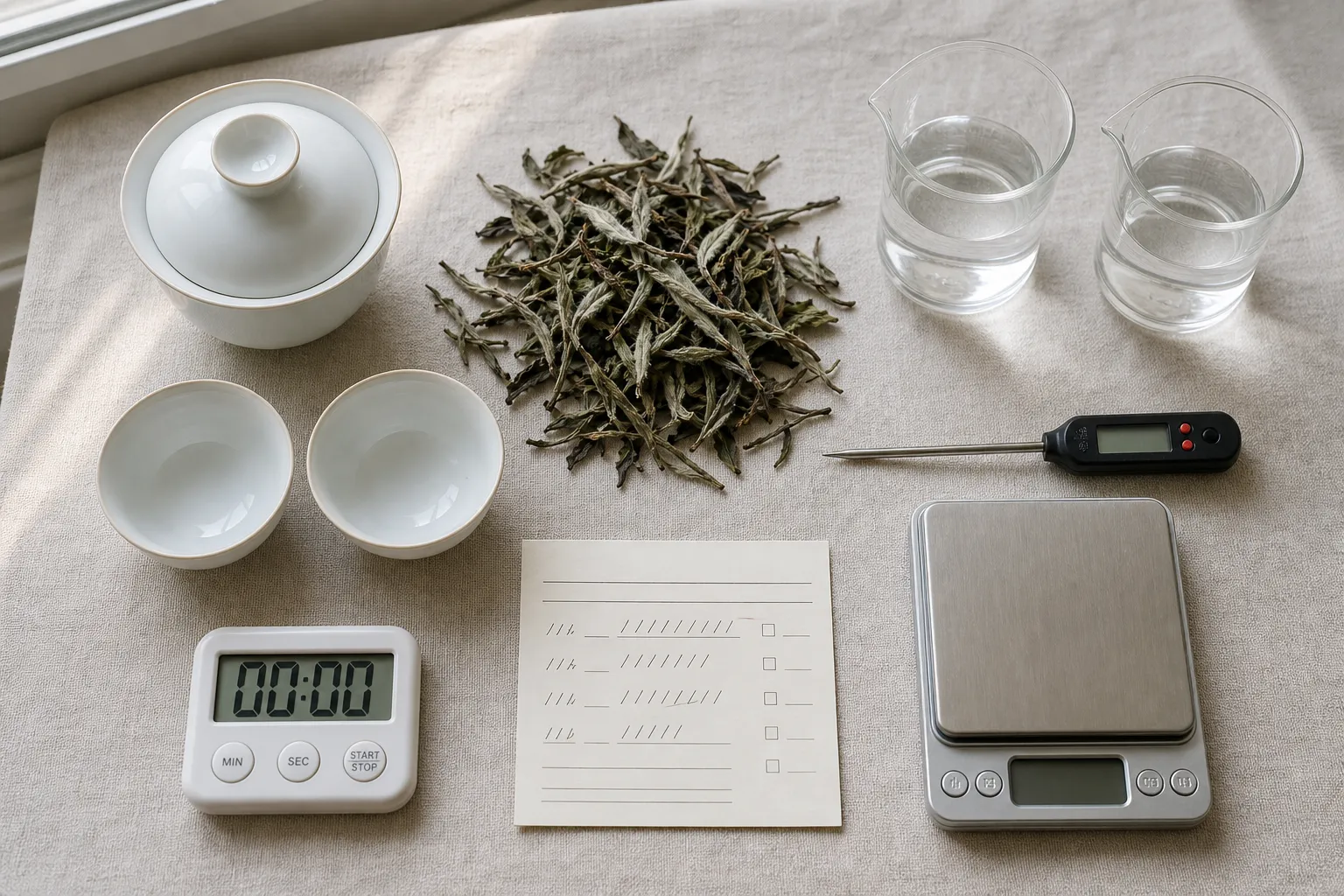 White Peony leaves, two tasting cups, and plain water samples arranged for a side-by-side water test