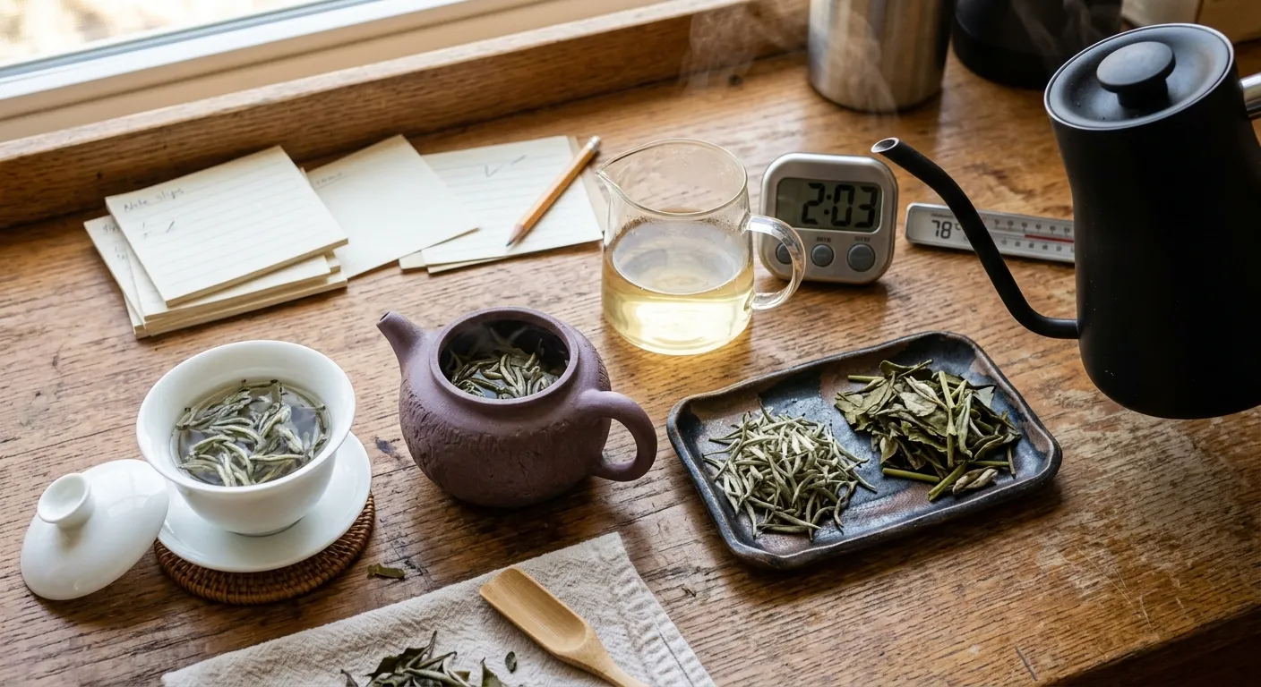 White tea leaves with brewing vessels that can hold and lose heat differently