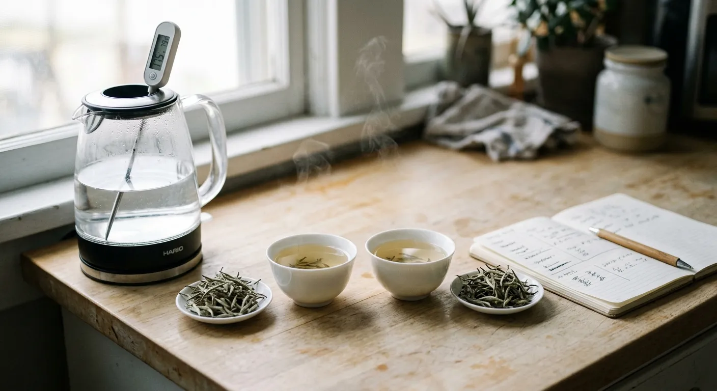 Two small cups of the same white tea brewed at different water temperatures for side-by-side tasting