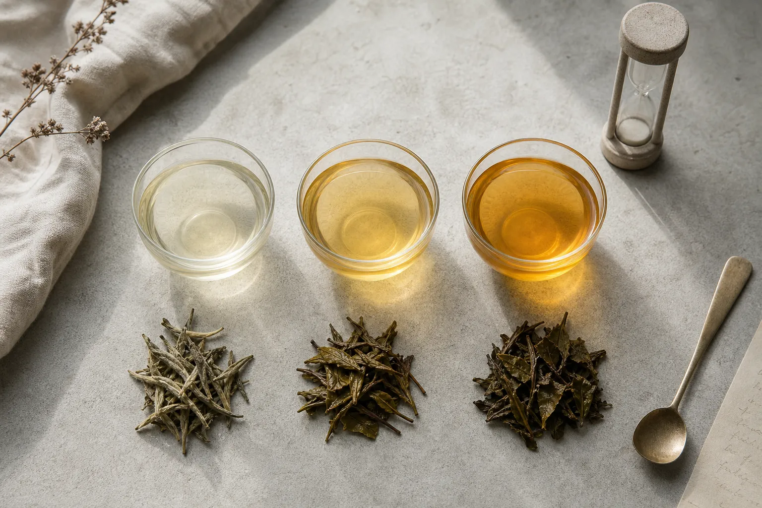 White tea cups showing pale, balanced, and stronger infusions for taste-based adjustment