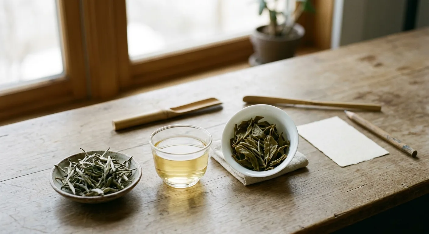 Dry white tea leaves, brewed liquor, and wet leaves arranged for checking aroma, texture, and infusion behavior