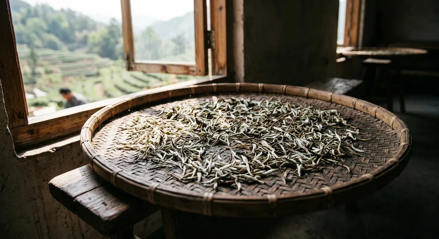 White tea leaves on a drying surface shown as a processing clue rather than a quality guarantee