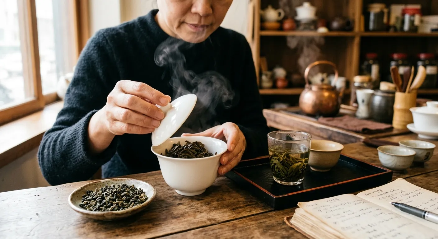 White tea leaves being checked as dry leaf, warmed leaf, and wet leaf during a tasting session