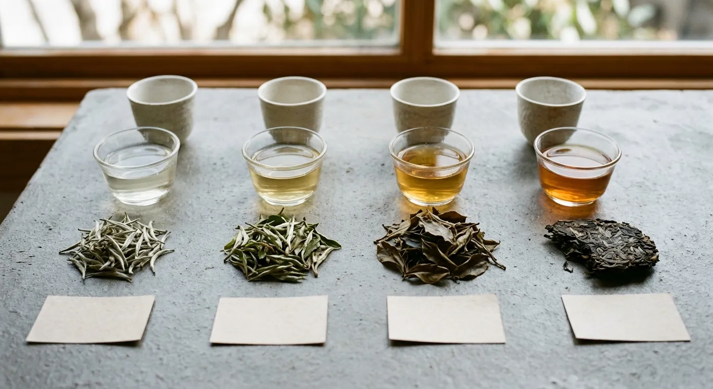 Four white tea samples showing pale buds, leafier white tea, darker aged leaves, and brewed cups for taste comparison
