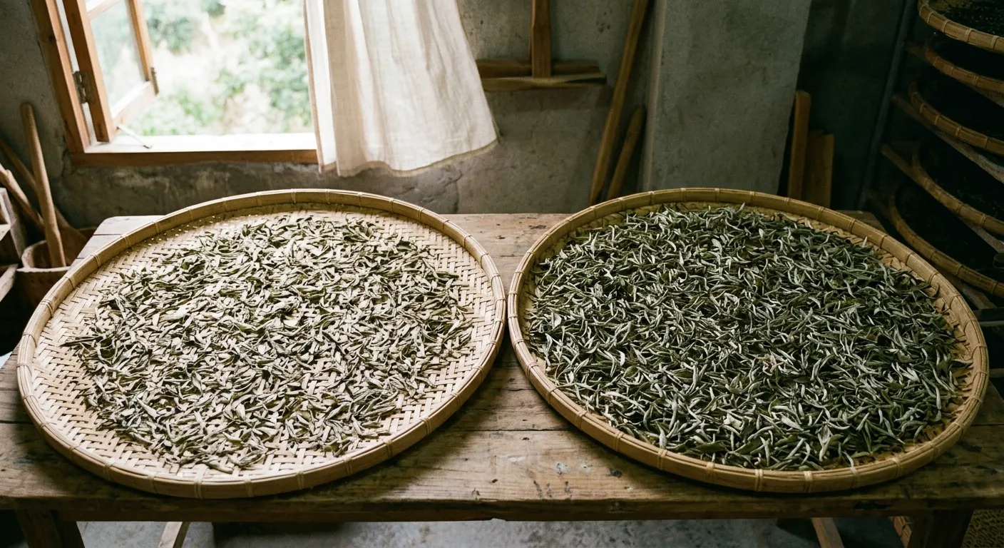 White tea leaves in thin and thicker withering layers showing how airflow and leaf depth can change moisture loss