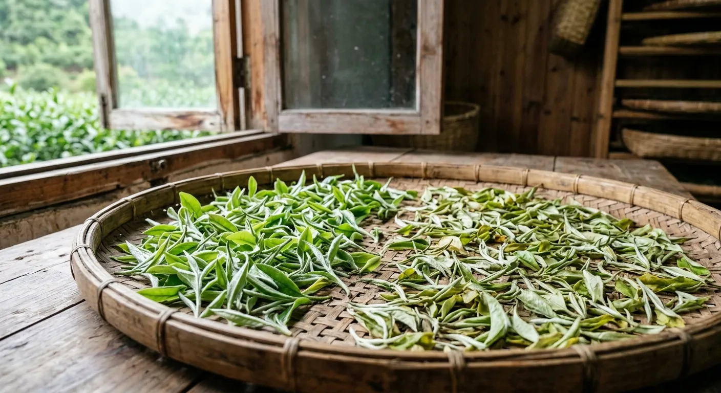 Fresh white tea leaves spread for withering as they begin to soften before final drying