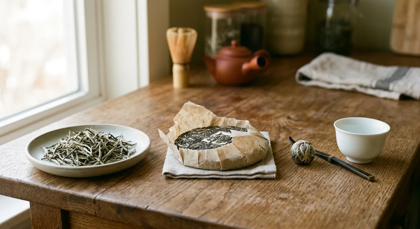 Loose leaf white tea, a compressed white tea cake, and a small white tea ball shown as different forms of the same tea category