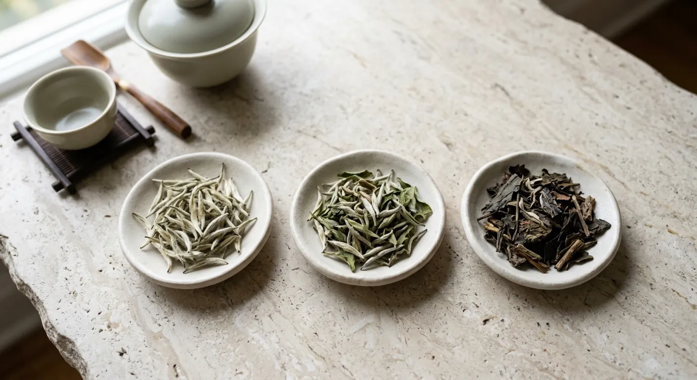 A comparison of pale white tea buds, bud-and-leaf white tea, and darker leafy compressed white tea material