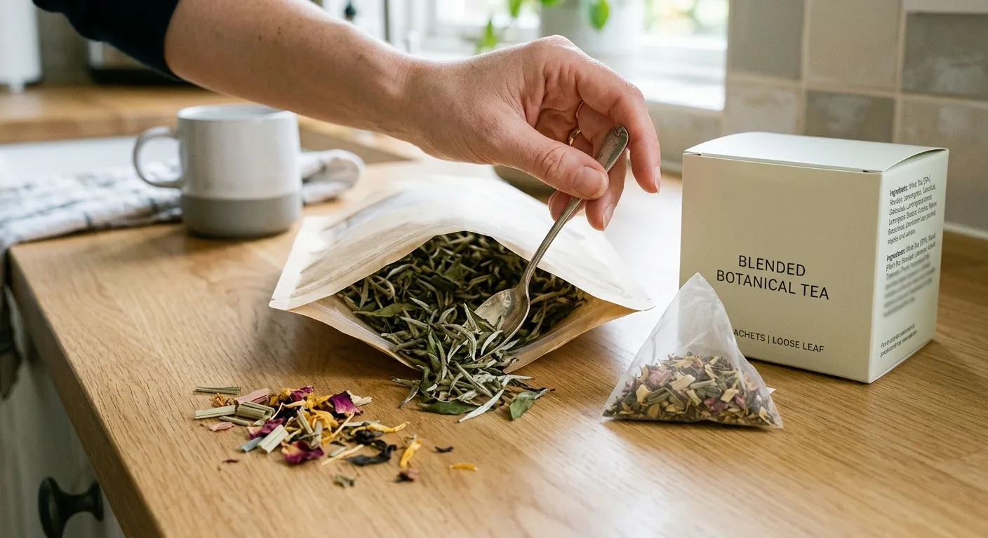 Loose white tea and a blended tea product compared so the ingredient list and leaf material can be checked