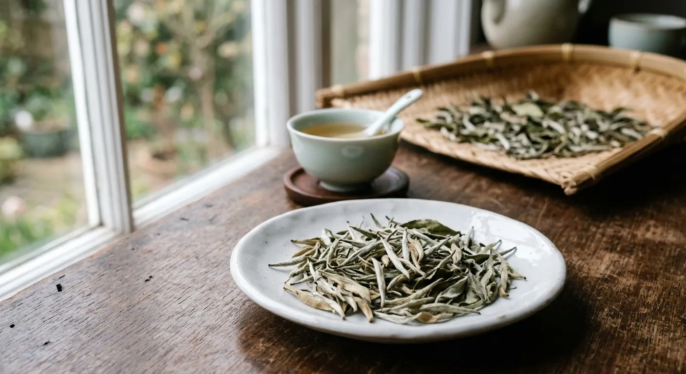 White tea buds and leaves shown beside a brewed cup to compare plant material and infusion clues