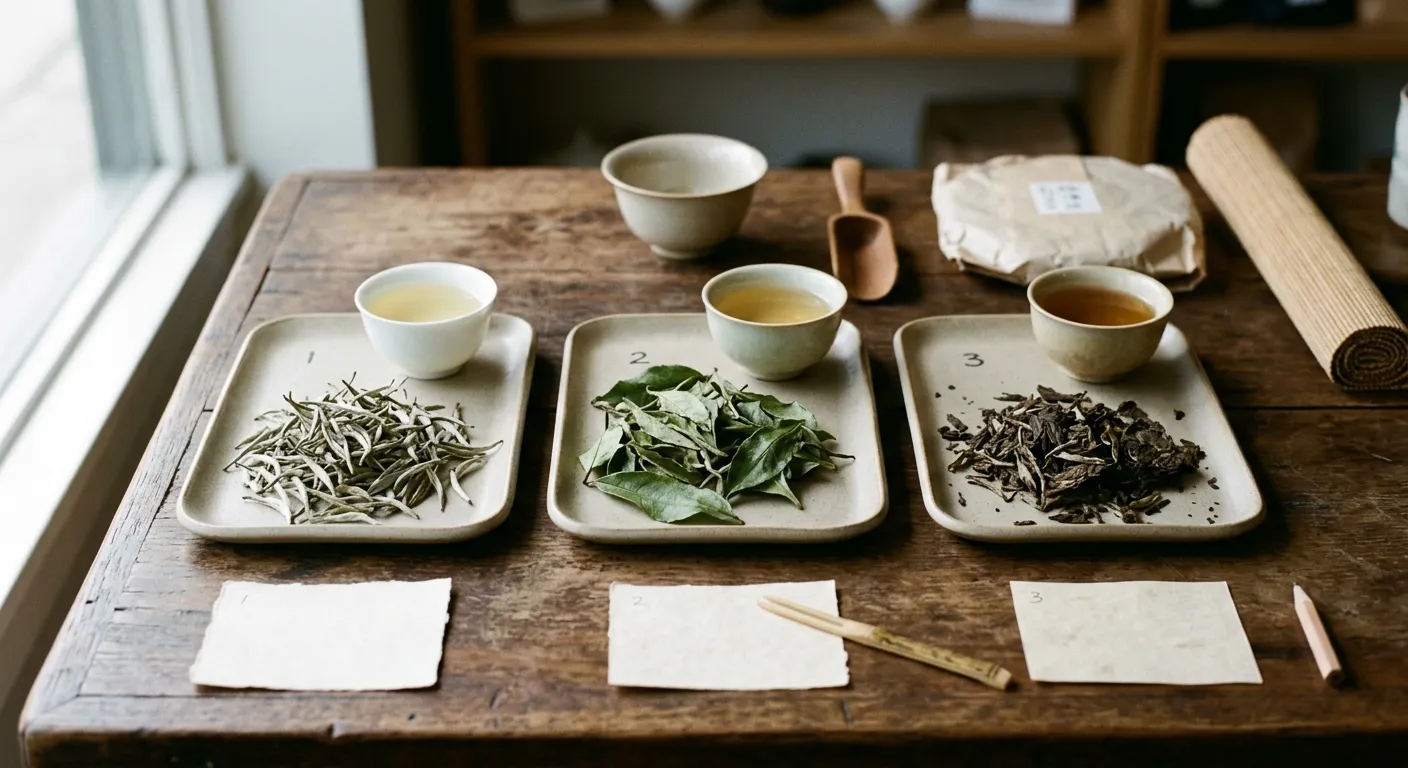 White tea samples showing bud-heavy leaves, leafier material, and aged pieces used to compare aroma families