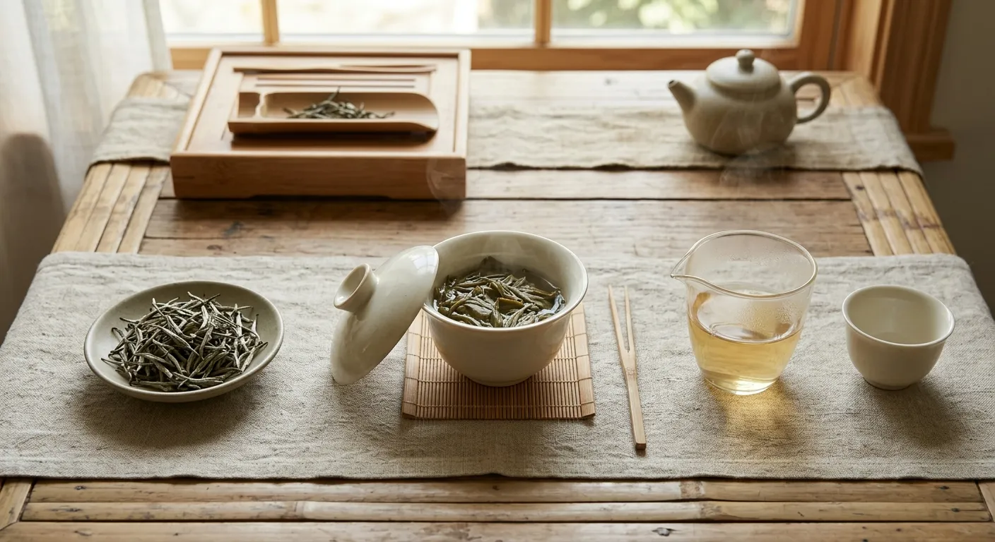 Dry white tea leaves, warmed vessel, and pale brewed liquor arranged as three aroma checking moments