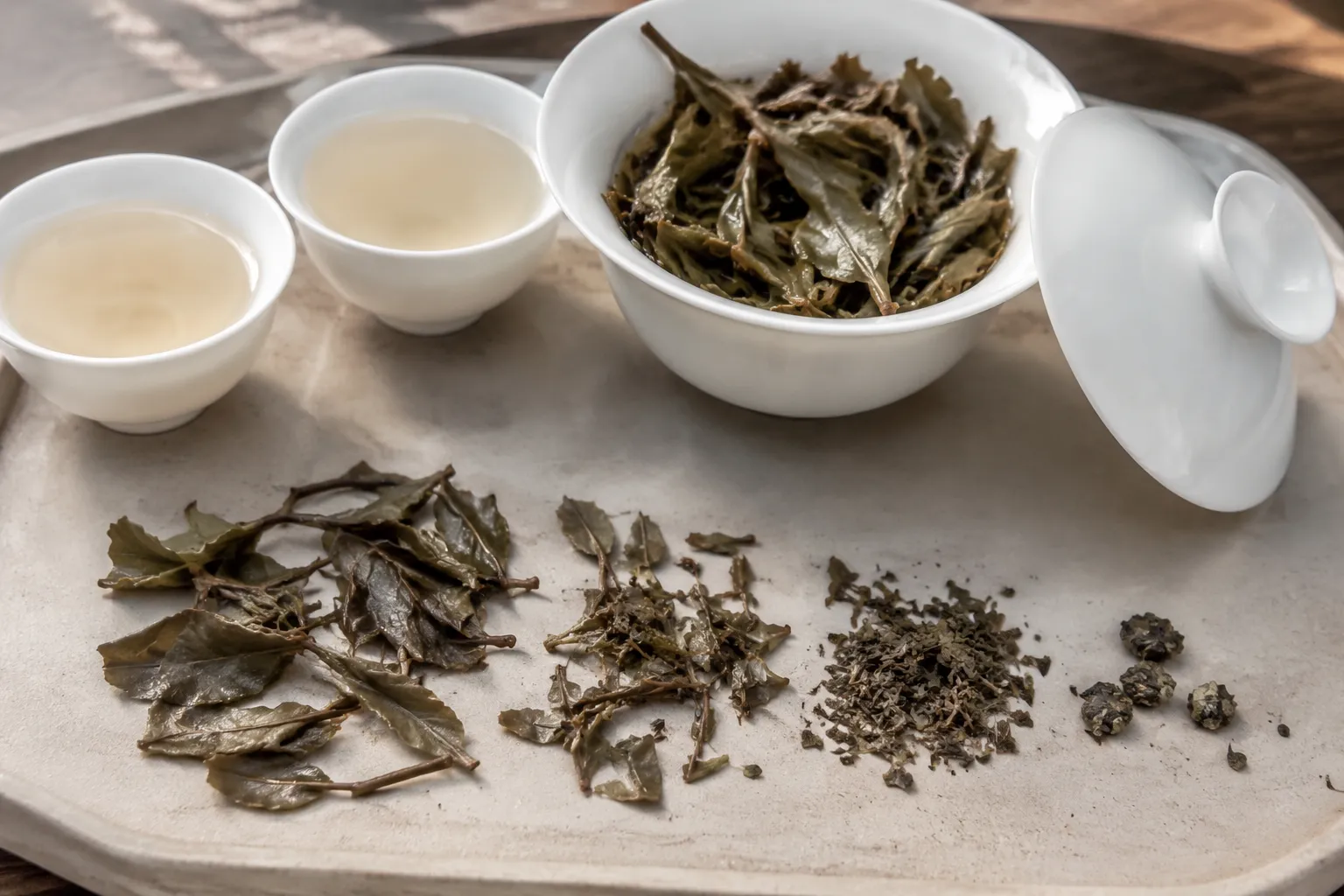 Whole and broken white tea leaves near a gaiwan and tasting cups, showing how leaf condition and vessel ratio affect bitterness checks.